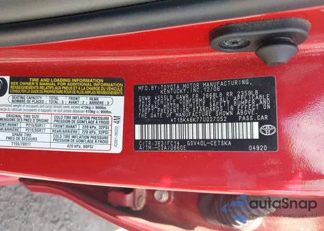 2007 Toyota Camry Se V6 from USA, damaged, VIN 4T1BK46K77U027052